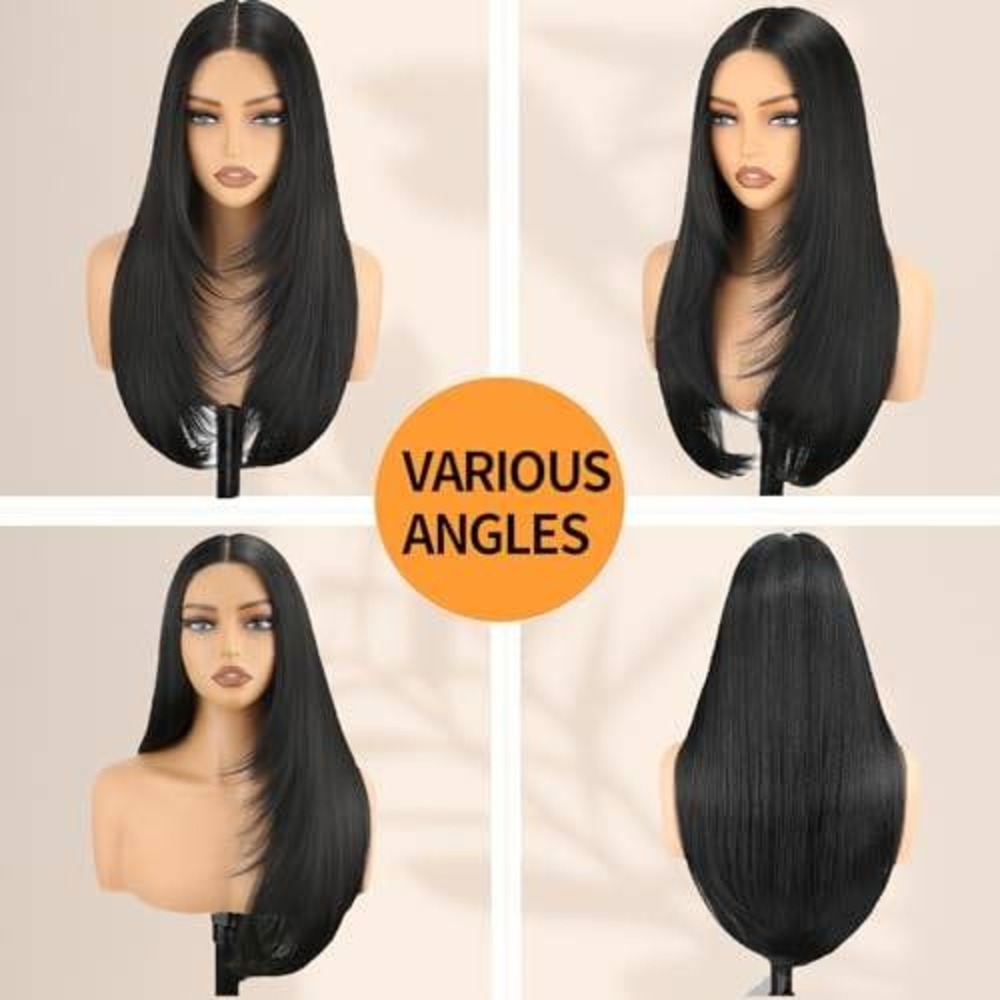 Long Black Layered Synthetic Wig Middle Part Straight Face Framing - Picture 2 of 2